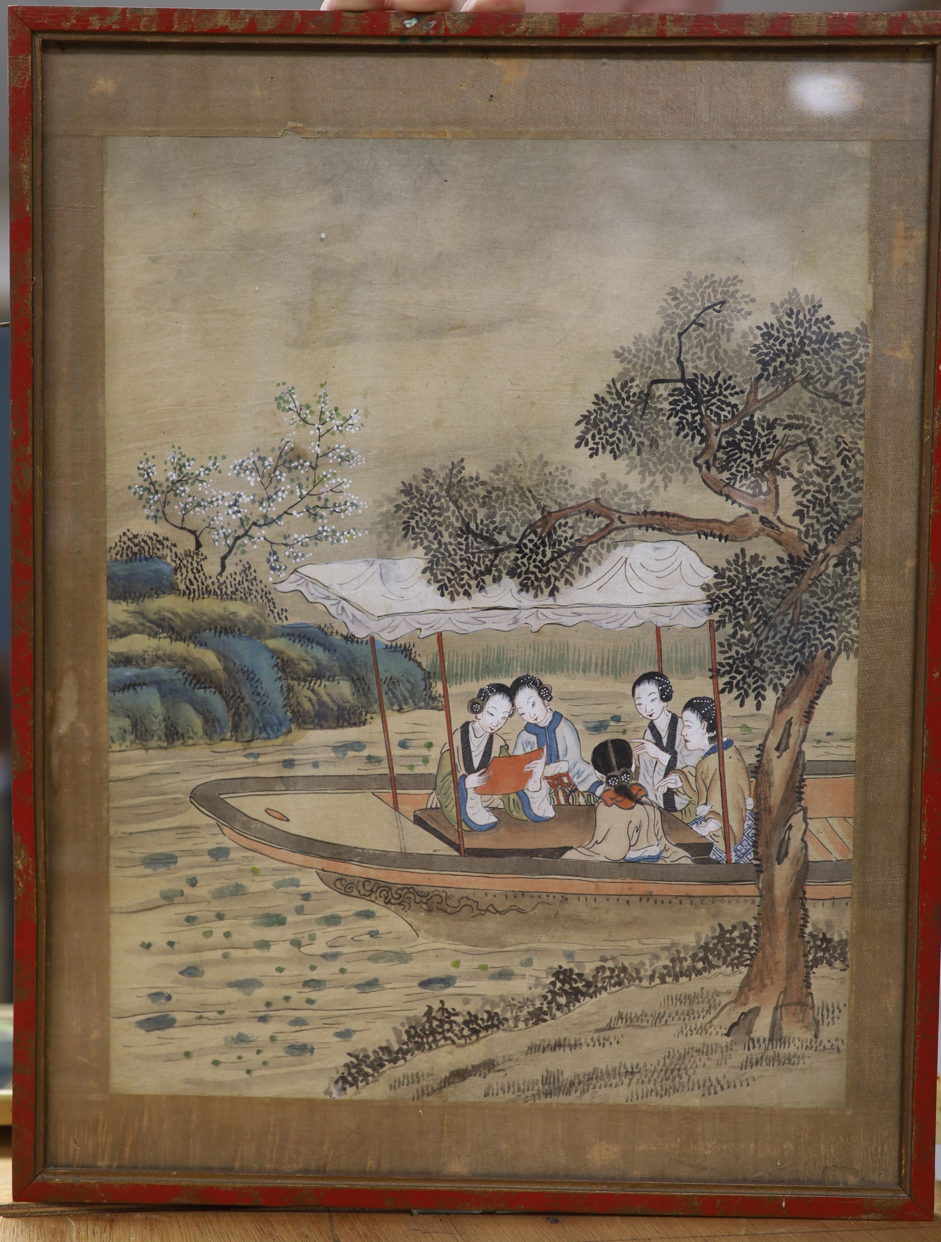 Chinese School, watercolour on silk, women in a boat, 34 x 26cm.